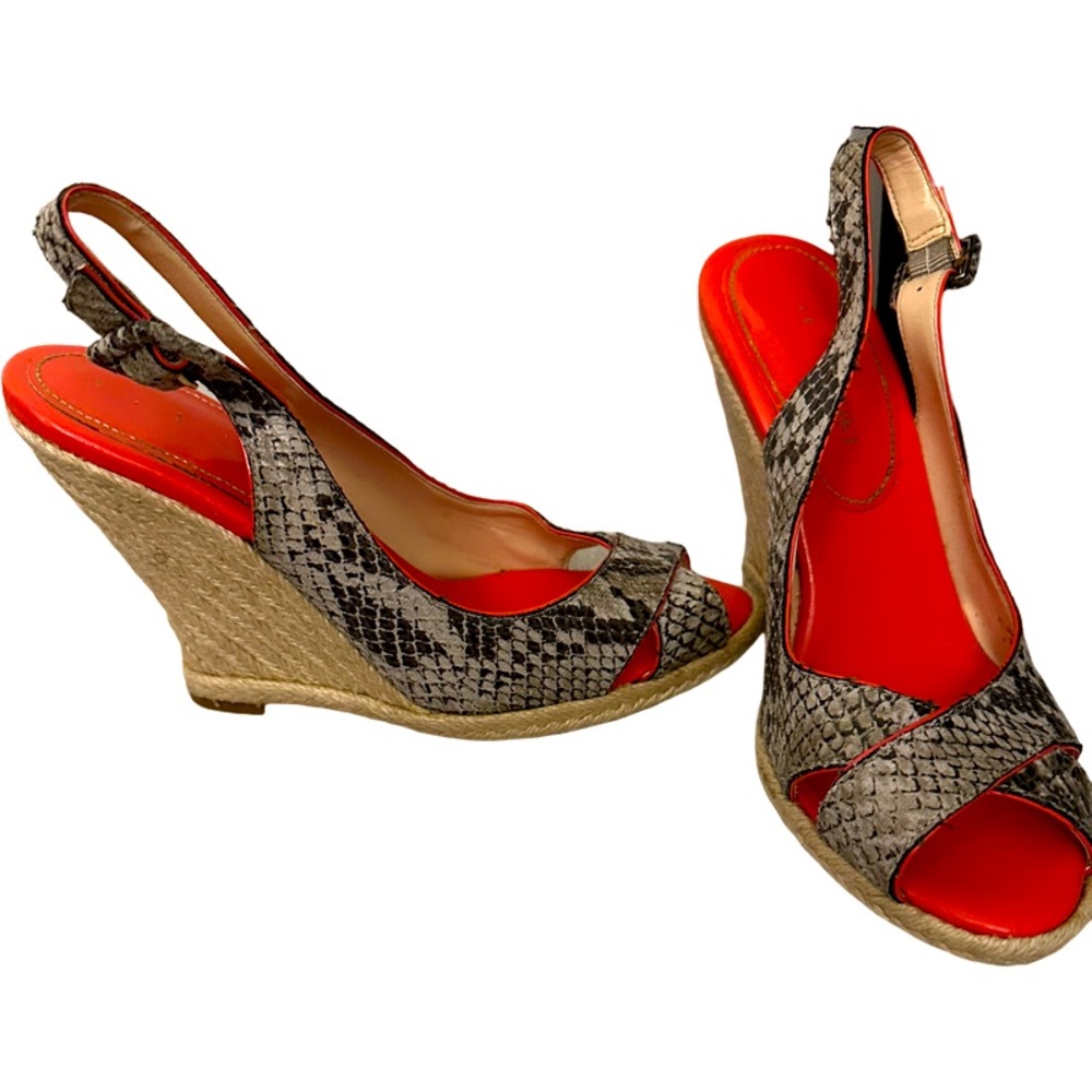 Audrey Brooke Snake Print & Melon Peep Toe Slingback Espadrille Wedge Sandal 7.5